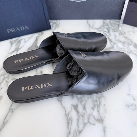 Prada Milano Black Leather Mule Slides Gold Logo Slip On Flat Shoes Mens UK6.5 main image 15